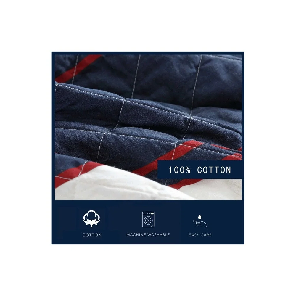 Nautica Twin Quilt Set Marina Stripe Navy Blue White Red Reversible Cotton 2 Pc